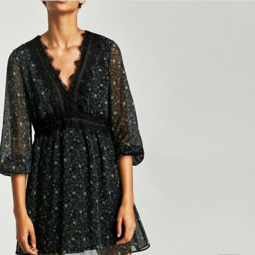 Zara Black & Green Floral Boho Dress M